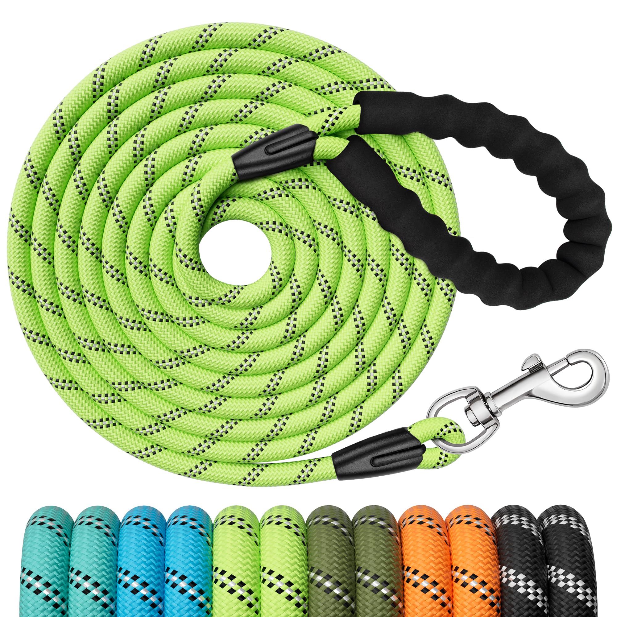X XBEN Training Leads for Dogs, 30M/98FT Strong Rope Long line Dog Lead Leash with Soft Padded Handle and Heavy Duty Hook, Reflective Recall Training Leads for Large Medium Small Dog, Green