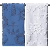 Fanfanwin 2 Pcs Nautical Hand Towels for Bathroom Navy Blue Nautical Beach Bathroom Hand Towel 100% Cotton Jacquard Weave Dish Washcloth for Sunmmer Kitchen Farmhouse Gifts 12.6 x 28.35 Inch