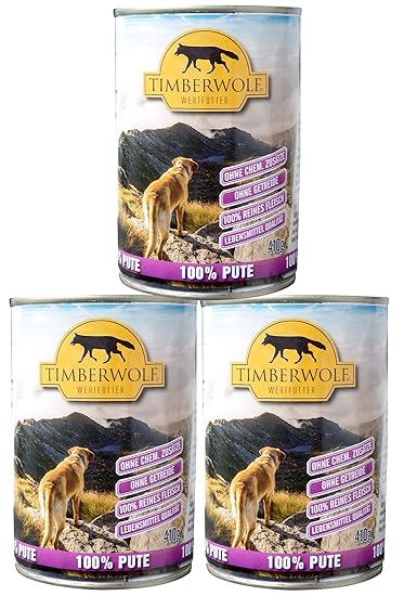 TimberWolf Hundefutter, 3X 410g Dose, 100% Pute, frei von Zusatzstoffen, Getreidefrei, Glutenfrei, aus frischem Fleisch, Nass
