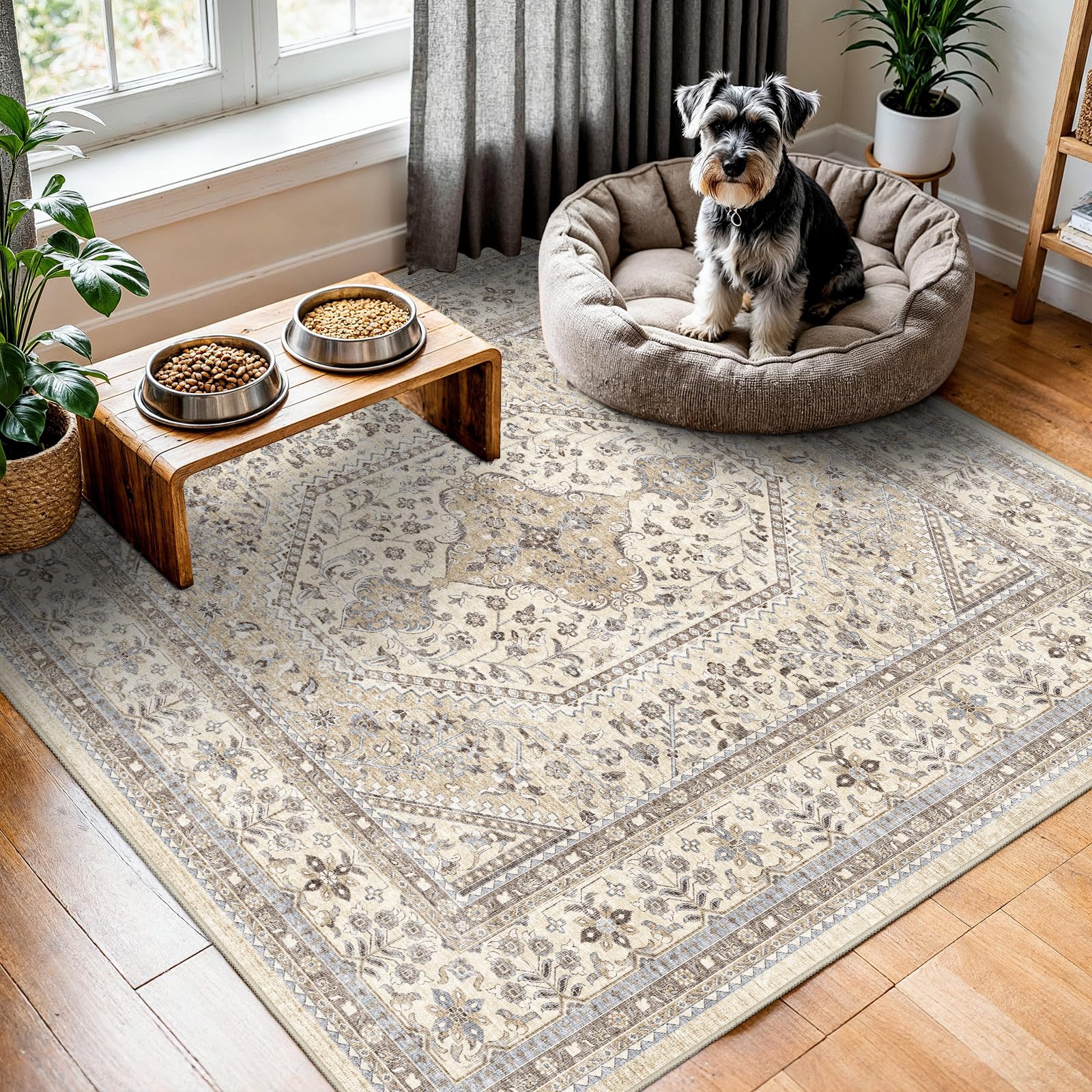 5X5 Square Rug for Living Room - Washable Kitchen Area Rug with Non Slip Rubber Backing for Bedroom Indoor Soft Stain Resistant Carpet Desk Rug for Pet-Friendly and Kitchen Decor Beige/Gray Image