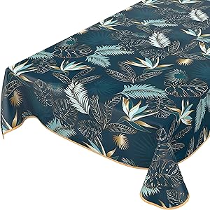 ANRO Wachstuchtischdecke abwaschbar Garten Tischdecke Wachstuch Rund Oval Eckig Indoor Outdoor Blätter Gold Blau 160x140cm mit Saum - Eingefasst