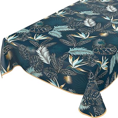 ANRO Wachstuchtischdecke abwaschbar Garten Tischdecke Wachstuch Rund Oval Eckig Indoor Outdoor Blätter Gold Blau 160x140cm mit Saum - Eingefasst
