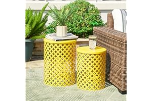 Glitzhome Outdoor Side Table Set of 2, Decorative Garden Stool for Indoor Outdoor Heavy Duty Metal Frame Accent Table Modern 