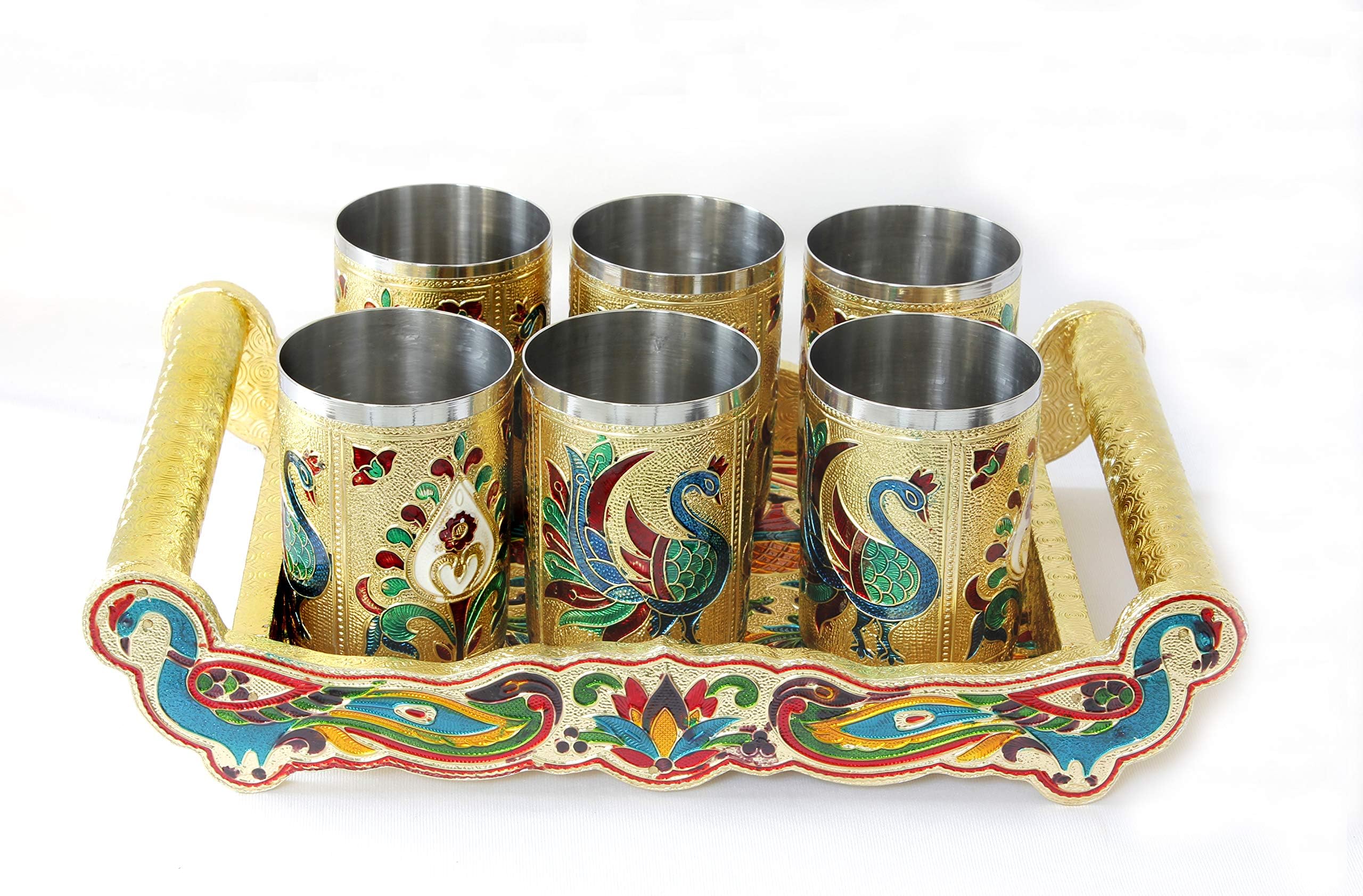Phemhub Stainless Steel and Wooden Tray and Glass, Set of 6 Glasses and 1 Tray Golden Meenakari