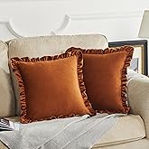 GIGIZAZA Burnt Orange Decorative Throw Pillow Covers, 18x18 Velvet Ruffle Cushion Pillow Covers for Sofa Couch Set of 2