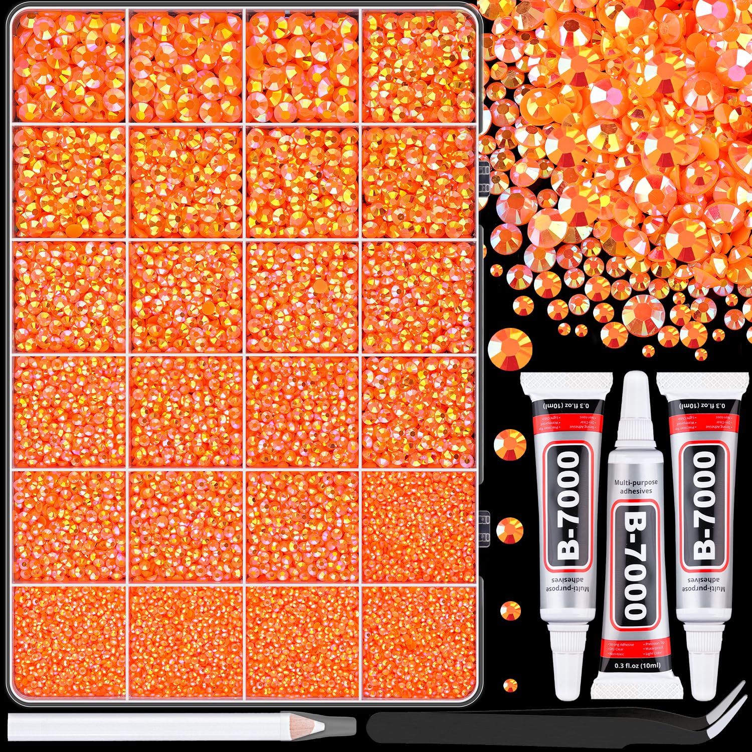 Photo 1 of 25000Pcs Resin Rhinestones with Tweezers for Crafting, Orange AB 2-6mm Mixed Sizes Bedazzling Crystal with 3Pcs 10ml B7000 Jewelry Glue for DIY Crafts Clothing Tumblers Shoes Fabric Nail Art
