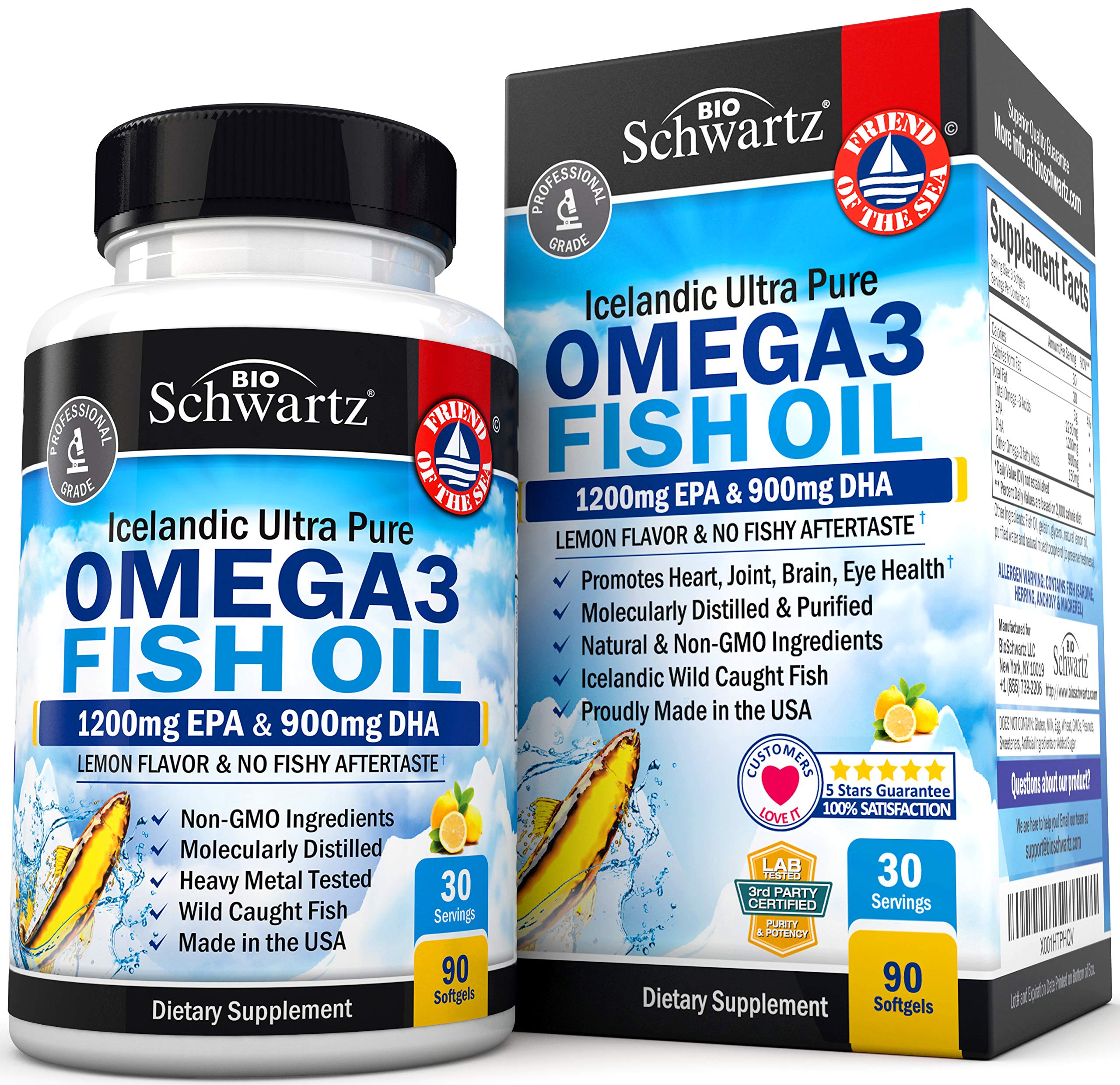 Omega 3 Fish Oil Supplement – Immune &amp; Heart Support Benefits– Promotes Joint, Eyes, Brain &amp; Skin Health - Non GMO, Pharmaceutical Grade - Lemon Flavor EPA 1200mg, DHA 900mg Fatty Acids Gluten Free