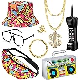 MEDOJO 80s 90s Accessories Hip Hop Costumes Outfits Kit for Men Women DJ Rapper Bucket Hat Sunglasses Costume Jewelry