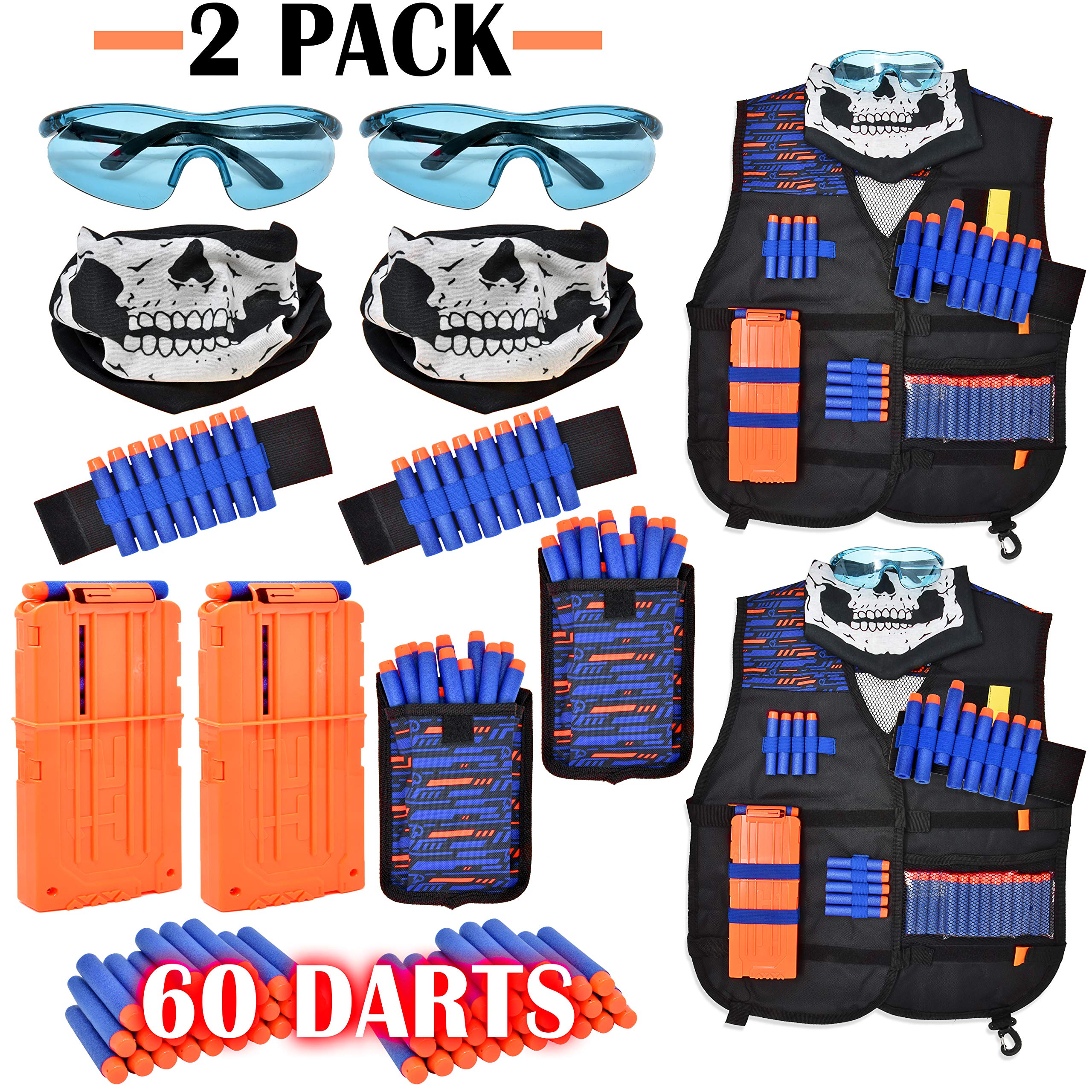 Tactical Kids Vest Kit 2 Pack for Nerf Guns N-Strike Elite Gear with 2 Dart Pouches, 2 Tactical Masks, 2 Reload Clips, 2 Protective Glasses, 2 Wrist Bands & 60 Refill Blaster Darts Pack for Boys