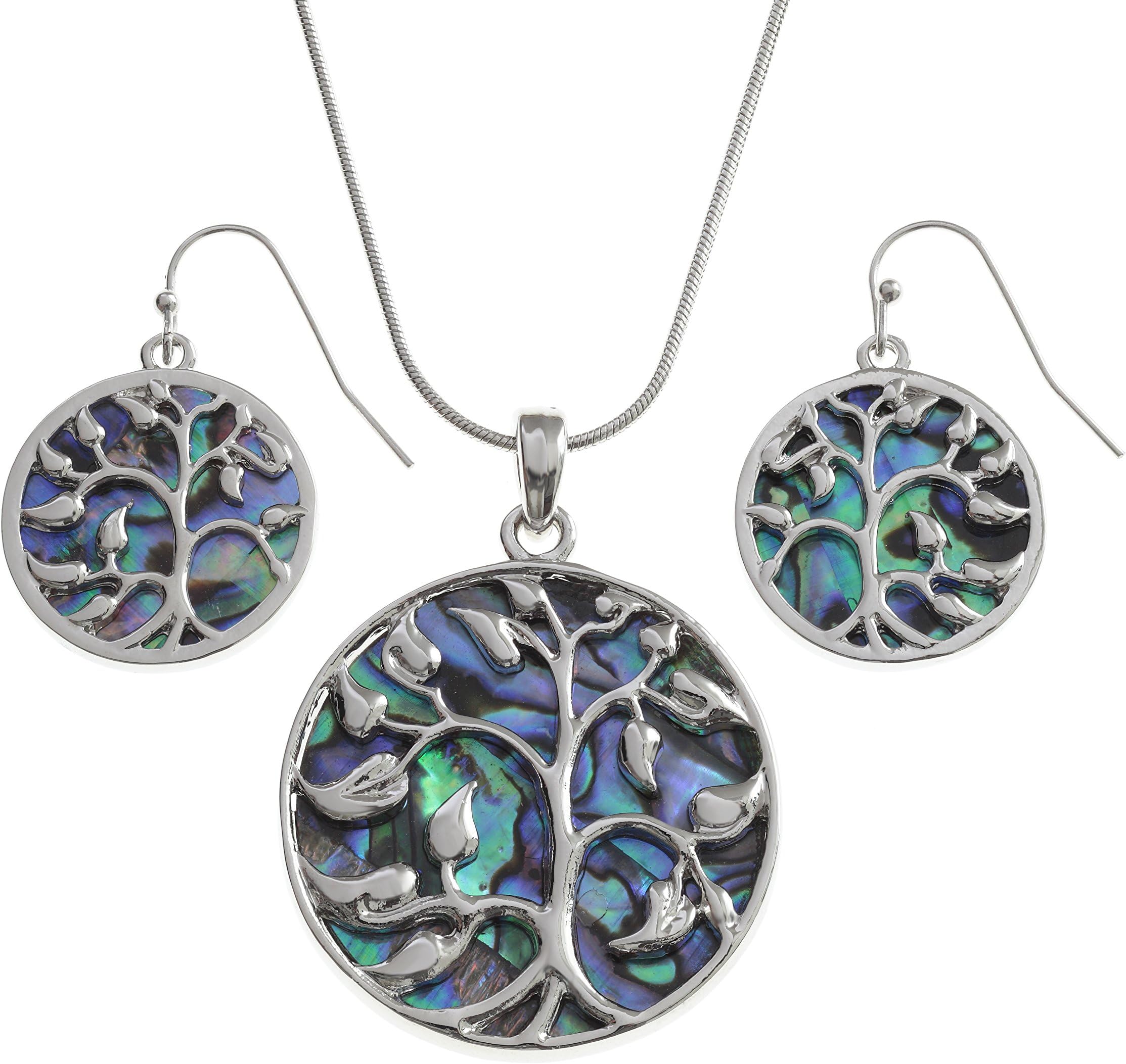 Kiara JewelleryBoxed Set of Reversible Celtic Tree Of Life Pendant on 18" Chain Inlaid Both Sides With Bluish Green Paua Abalone Shell With Matching Hypoallergenic Earrings. Rhodium Plated.