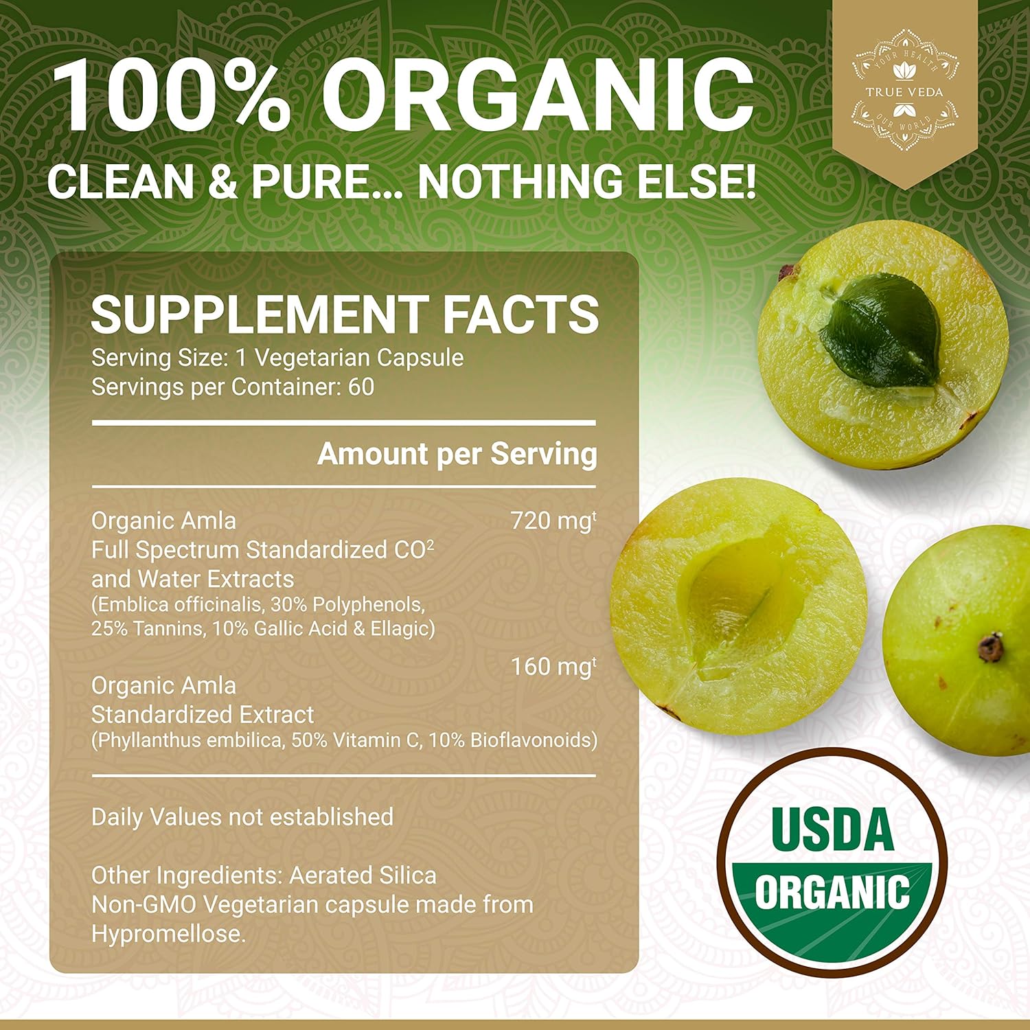 Organic Amla Vitamin C Capsules USDA Organic Certified Whole Food Plant Based Vitamin C