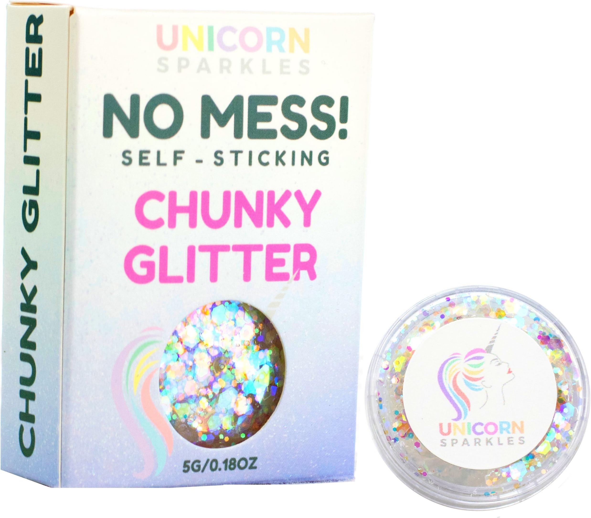 Iridescent Chunky Glitter | Self-Sticking, Aloe Vera Based, No Glitter Primer Needed | Cosmetic Glitter Gel for Face and Body | by Unicorn Sparkles | Events, Festival, Party & Rave Makeup