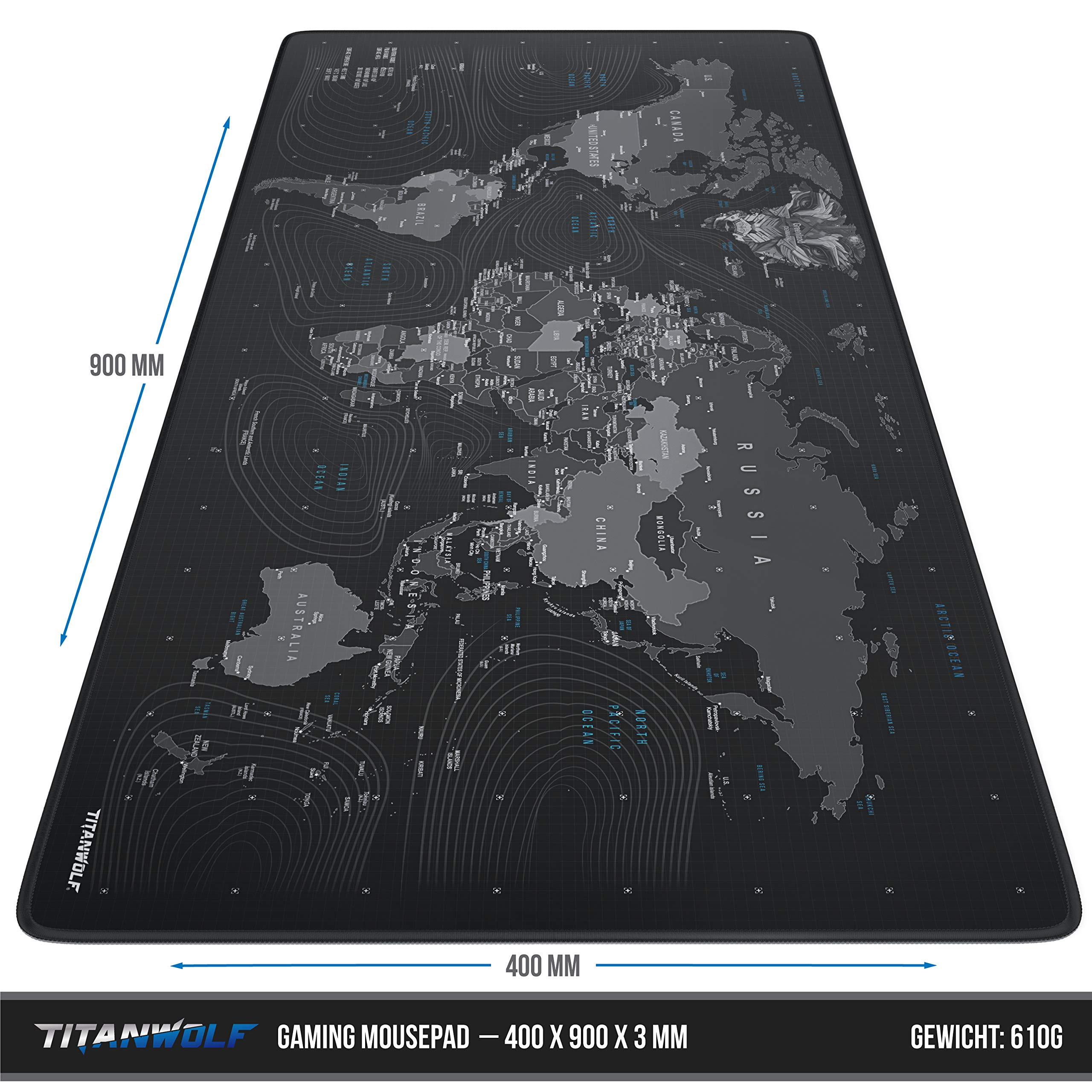 TITANWOLF XXL Speed Gaming Mauspad - 900 x 400mm - XXL Mousepad - Tischunterlage Large Size - verbessert Präzision und Geschwindigkeit - rutschfest - Design Weltkarte Wolfskopf 2