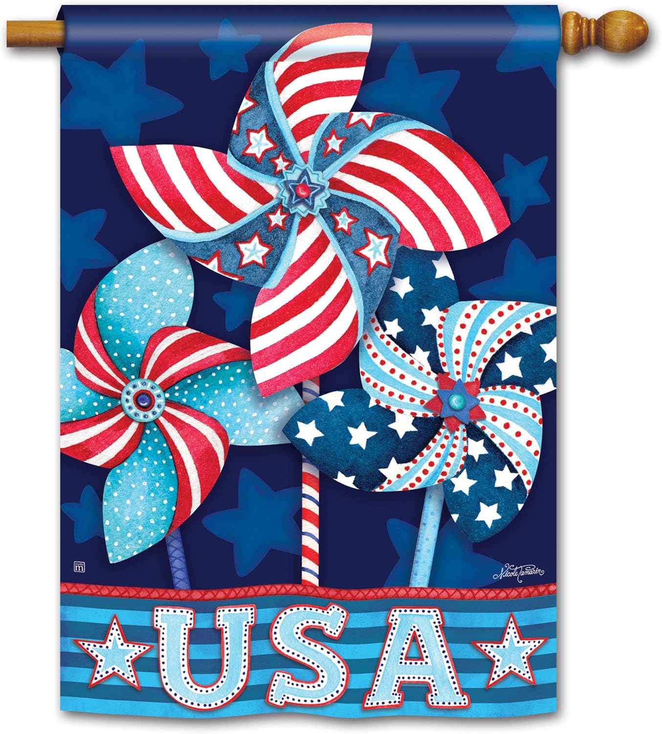 BreezeArt Studio M Patriotic Pinwheels Decorative Standard House Flag Banner – Premium Quality, 28 x 40 Inches