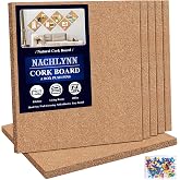 NACHLYNN Cork Board 6 Pack 12 x 12 Self-Adhesive Corkboards for Wall Square Bulletin Board with 100 Push Pins Frameless Cork Tiles for Walls Home Office