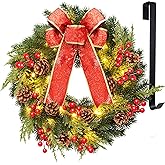 Kurala Christmas Wreath 16 Inches, with Metal Hanger, Pre-Lit Artificial Christmas Front Door Wreath Battery Operated with 40 LED Lights Christmas Decorations