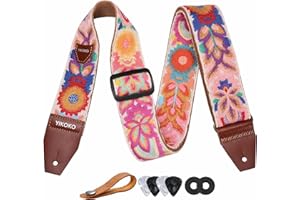 YIKOKO Guitar Strap，2 inch Flower Knit Cotton Guitar Straps with Full Grain Leather End, for Bass Electric and Acoustic Guitars, Free Strap Button, 2 Strap Locks and 4 Guitar Picks
