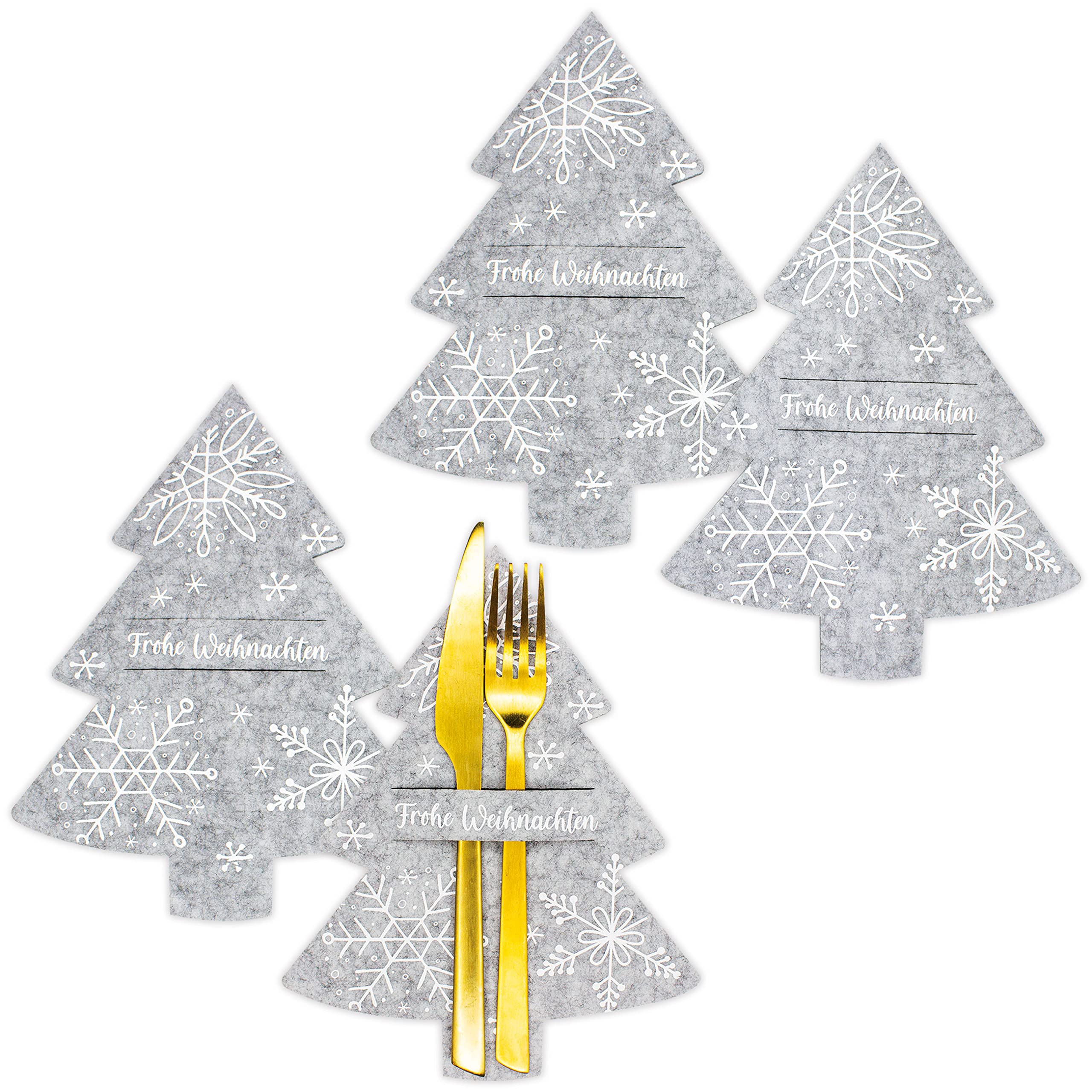 Papierdrachen Cutlery Holder Christmas 2025 - Felt - Grey - Christmas Tree - Pack of 4 - High-Quality Print - Merry Christmas - Elegant & Festive Table Decoration
