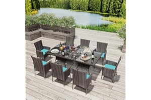RTDTD 10 Pieces Patio Dining Set Outdoor Rattan Furniture Dinning Set with 2 Square Glass Tabletops 8 Chairs with Blue Cushions for Patio, Backyard Outdoor Kitchen Lawn & Garden