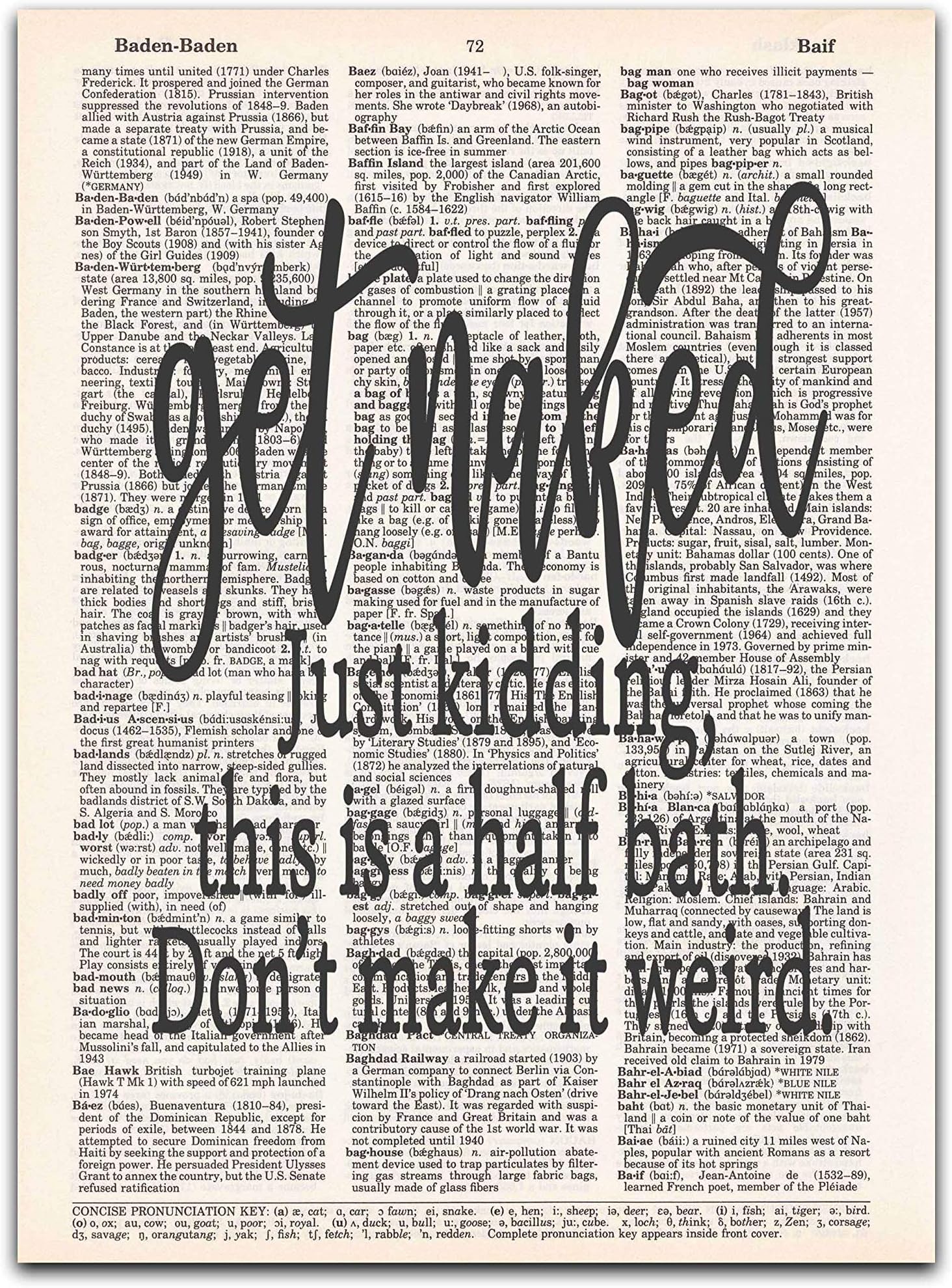 Get Naked - Half Bath Humorous Wall Art Dictionary Print, Unframed