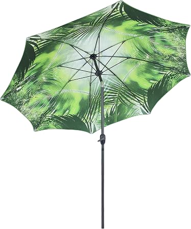 Amazon Com Sunnydaze 8 Foot Patio Umbrella Outdoor Inside Out Market Style With Push Button Tilt And Crank Aluminum Pole And Polyester Canopy Green Tropical Leaf Design Garden Outdoor