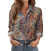 Zeagoo Button Down Shirts for Women Dressy Floral Printed Long Sleeve Blouse Business Casual Work Tops