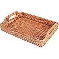 Hand-Woven Rectangular Rattan Tray with Handles for Breakfast, Drinks, Snacks for Coffee Table or Ottoman. Wicker Rattan Otto