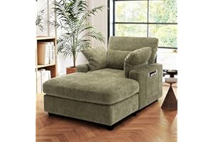 Hanherry 57.6" D Chaise Lounge Chair Indoor with Ottoman, Comfy Chenille Reading Chair with Double-Sided Armrest and Lumbar Support for Bedroom, Living Room, Office(Green)