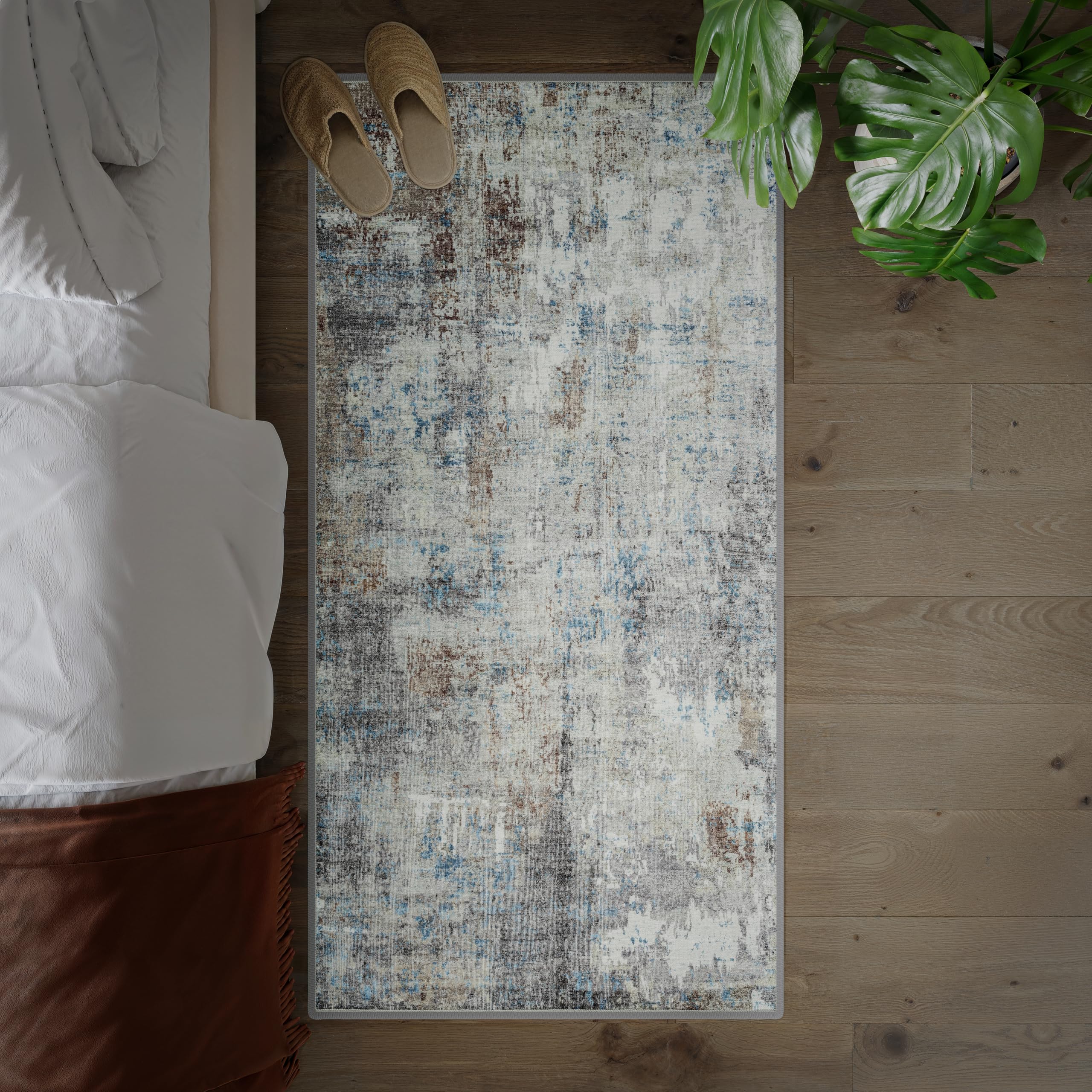 artyrugs Machine Washable Rug, 80x150cm, 75% Recycled Cotton, Short Pile, Non-Slip Backing, Non-Shedding, Suitable for Living Room, Bedroom, Kitchen, Hallway, Office, Atlantis Blue & Brown