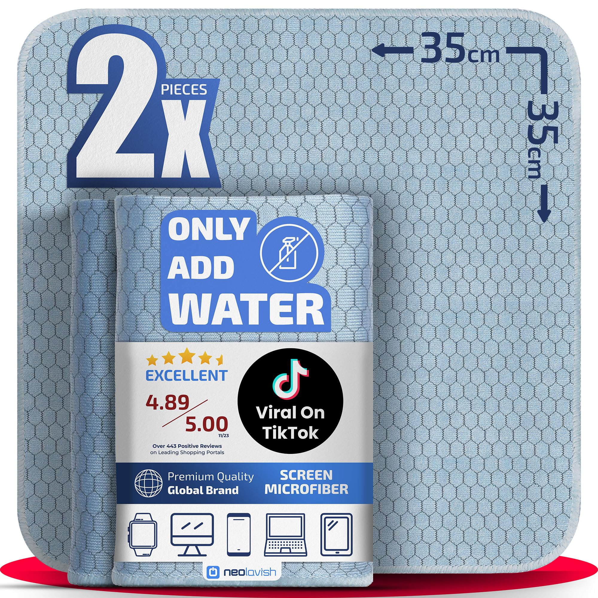 NeoLavish® Screen Cleaner - Just Add Water - 2 Pack 35x35 cm | Microfibre Cleaning Cloth for TV, Laptop Computer, Car, Phone, Monitor, OLED, Macbook, iPad, LCD, LED | All Devices - Lint-Free Cloths