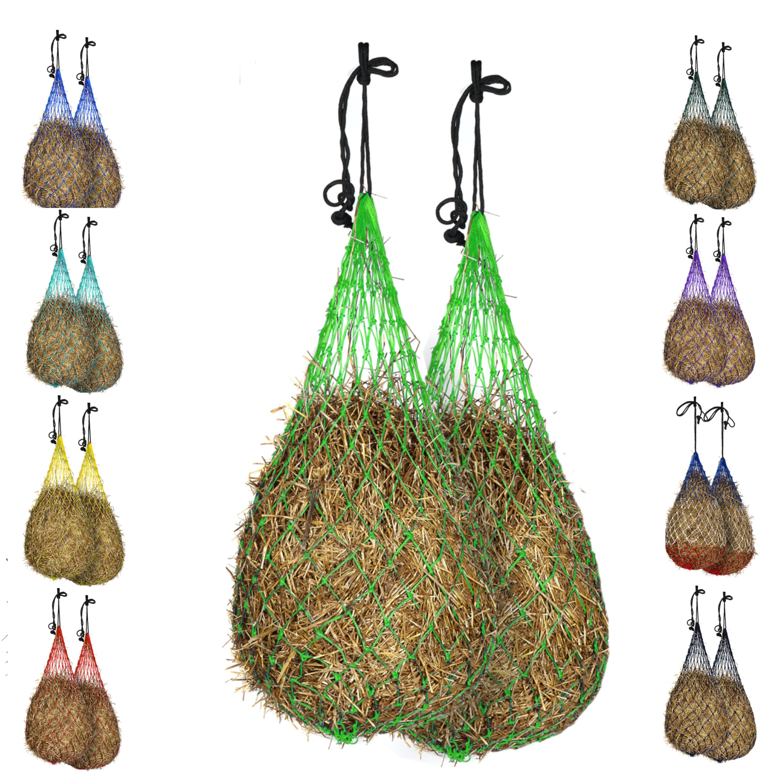 Majestic Ally 2 pcs Slow Feed 56” Hay Net with Soft 3"x3" Holes for Horses & Livestock, Nylon Rope Hanging, Simulates Grazing, Reduce Waste (Light Green) — image 1