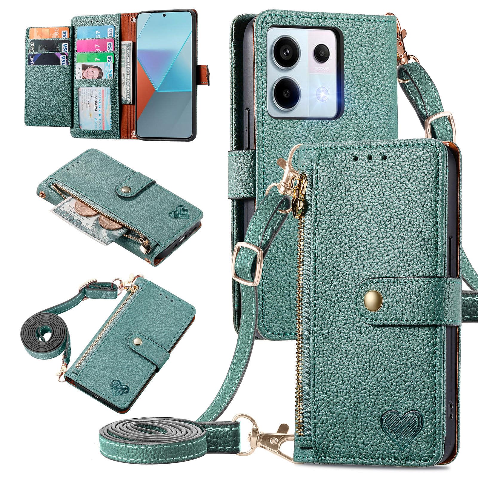 MOJIA Flip Case For Xiaomi Redmi Note 13 Pro 5G / Poco X6 5G, Leather Zipper Flip Wallet Case Cover [with Shoulder Belt], Card Holder Multifunctional Anti-fall Phone Shell. Green