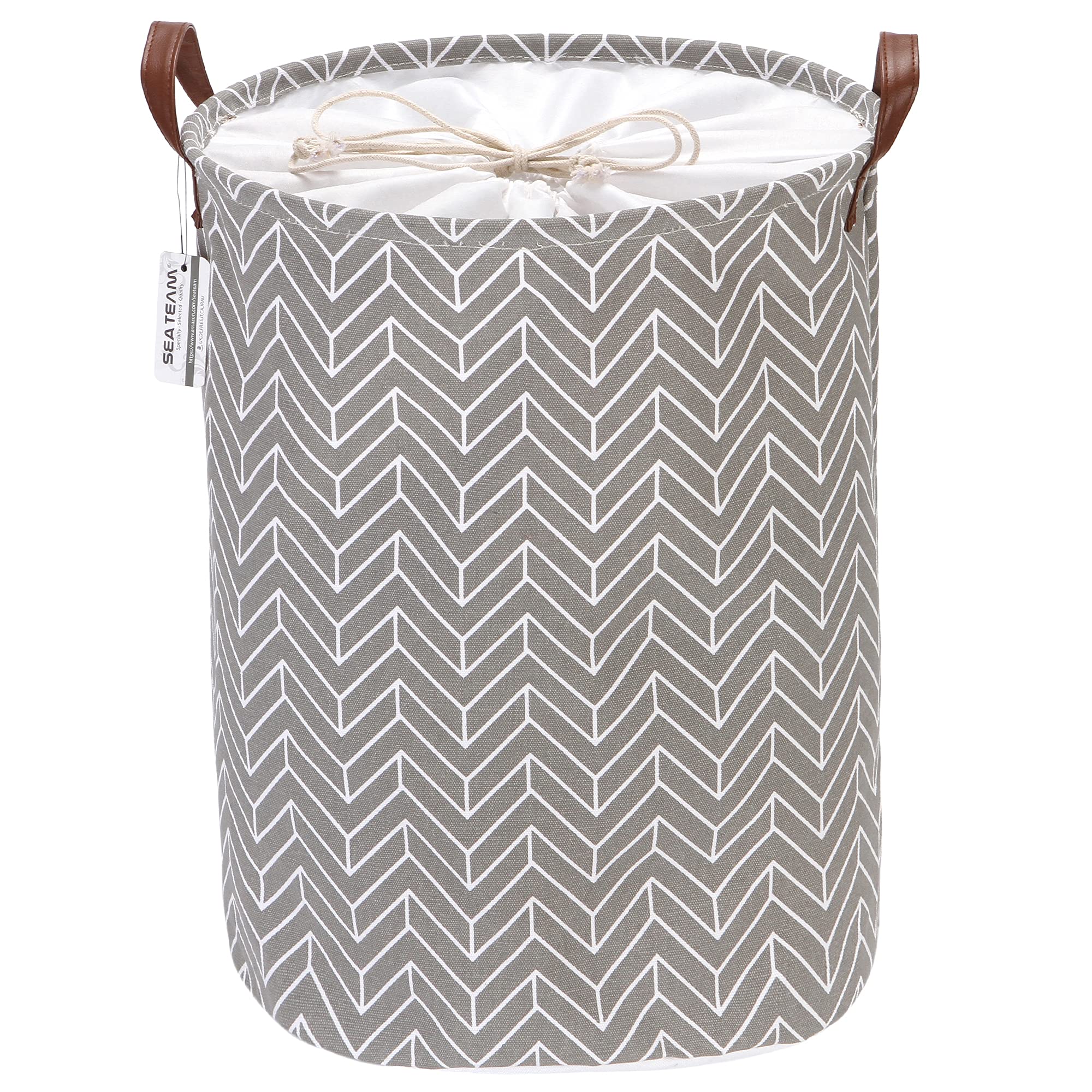Sea Team Arrow Pattern Laundry Hamper Canvas Fabric Laundry Basket Collapsible Storage Bin with PU Leather Handles and Drawstring Closure, 17.7 by 13.8 inches, Waterproof Inner, Grey