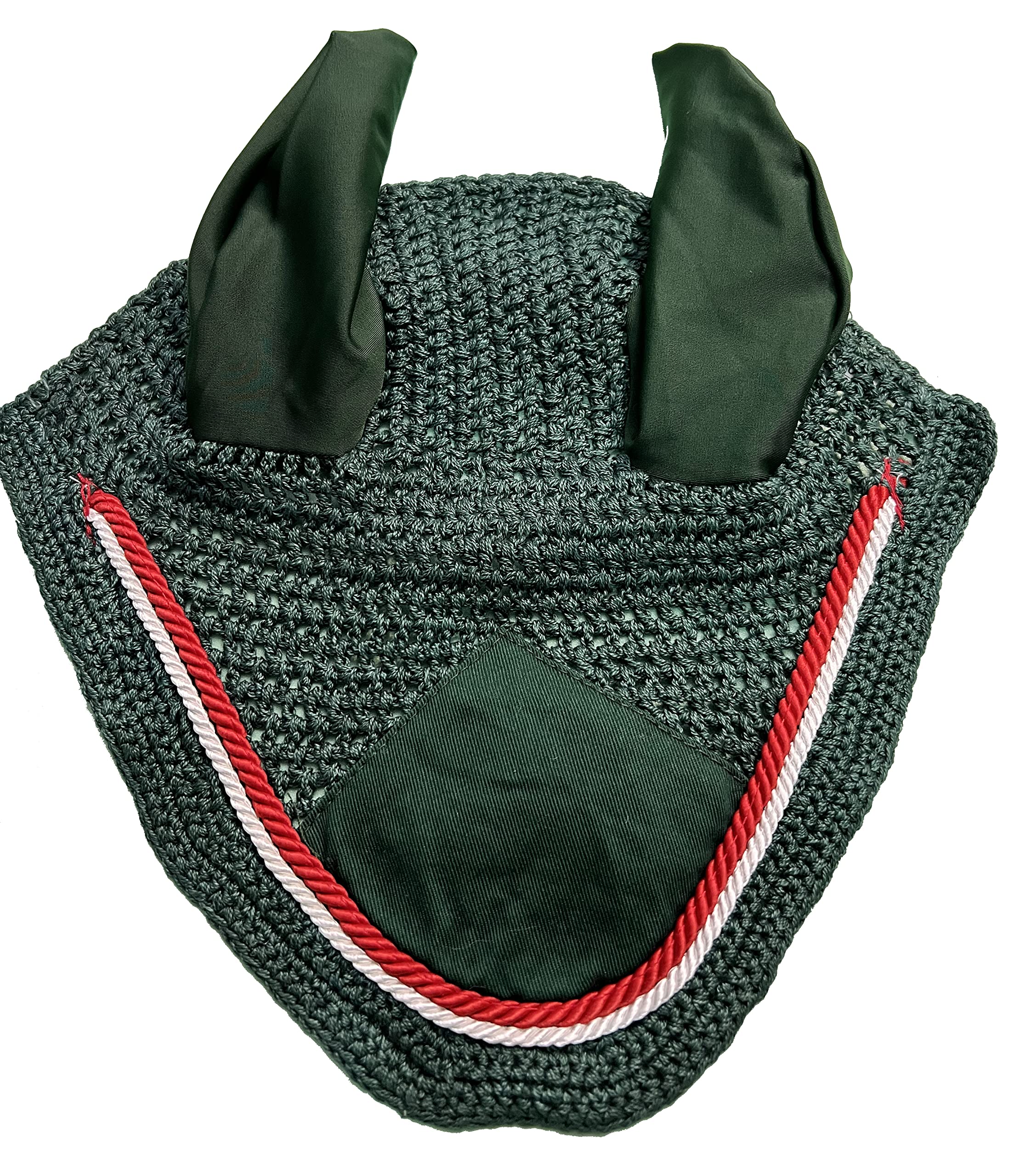 Spire Horse Soft Crochet Fly Veil Breathable Cotton Ear Net Hood Horse fly Control Masks Protector Bonnets (Full, Dark Green/Red-Whtie)