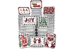 Siawoy 48Pcs Christmas Aluminum Food Containers with Lids, 8 Christmas Buffalo Plaid Designs, Christmas Treat Containers Christmas Cookie Tins with Lids, Disposable Christmas Leftover Containers