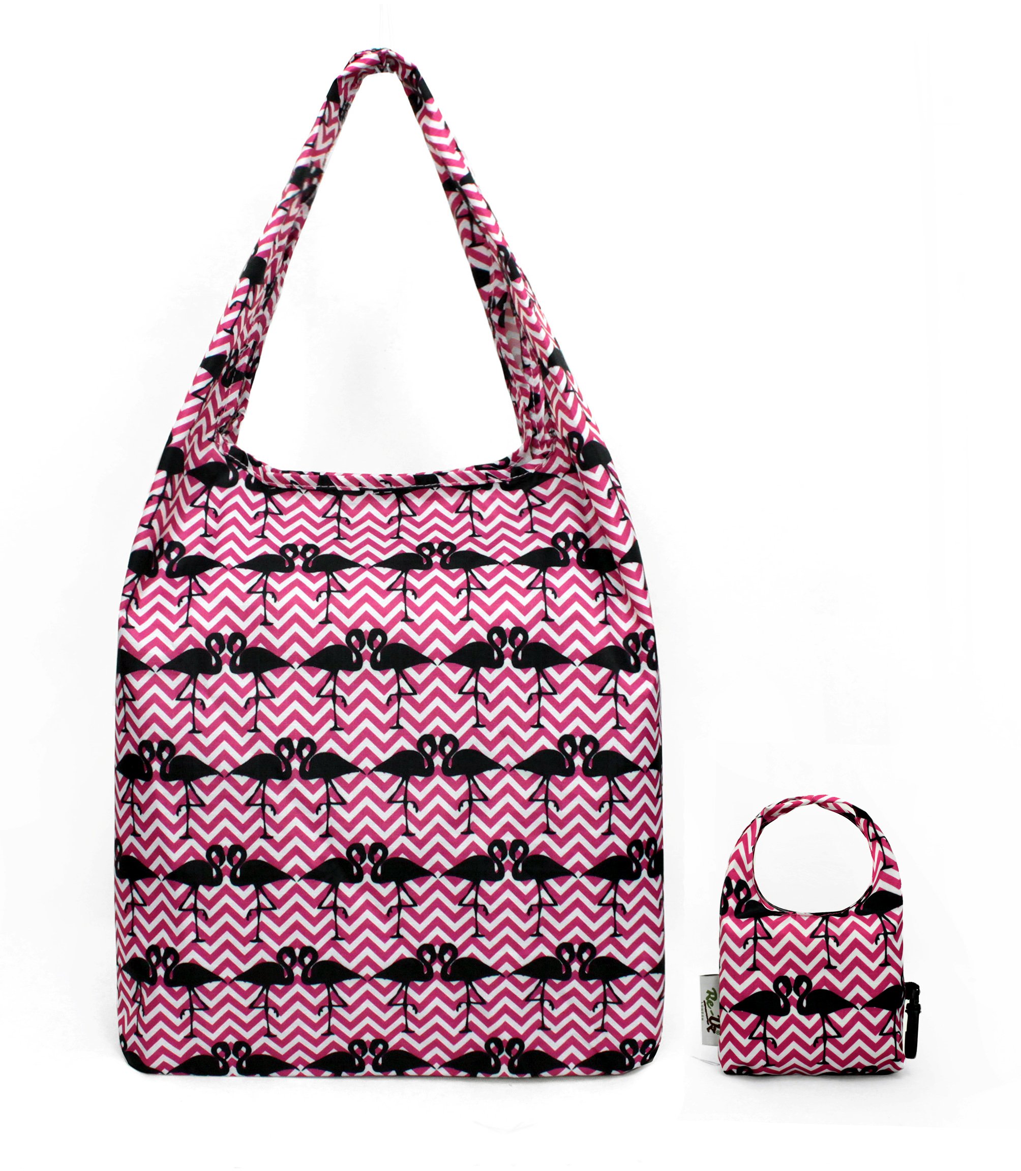 Re-Uz Trendy Folding Reusable Waterproof Carrier Shopper Supermarket Gym Swim Grocery Tote Bag - Flamingos