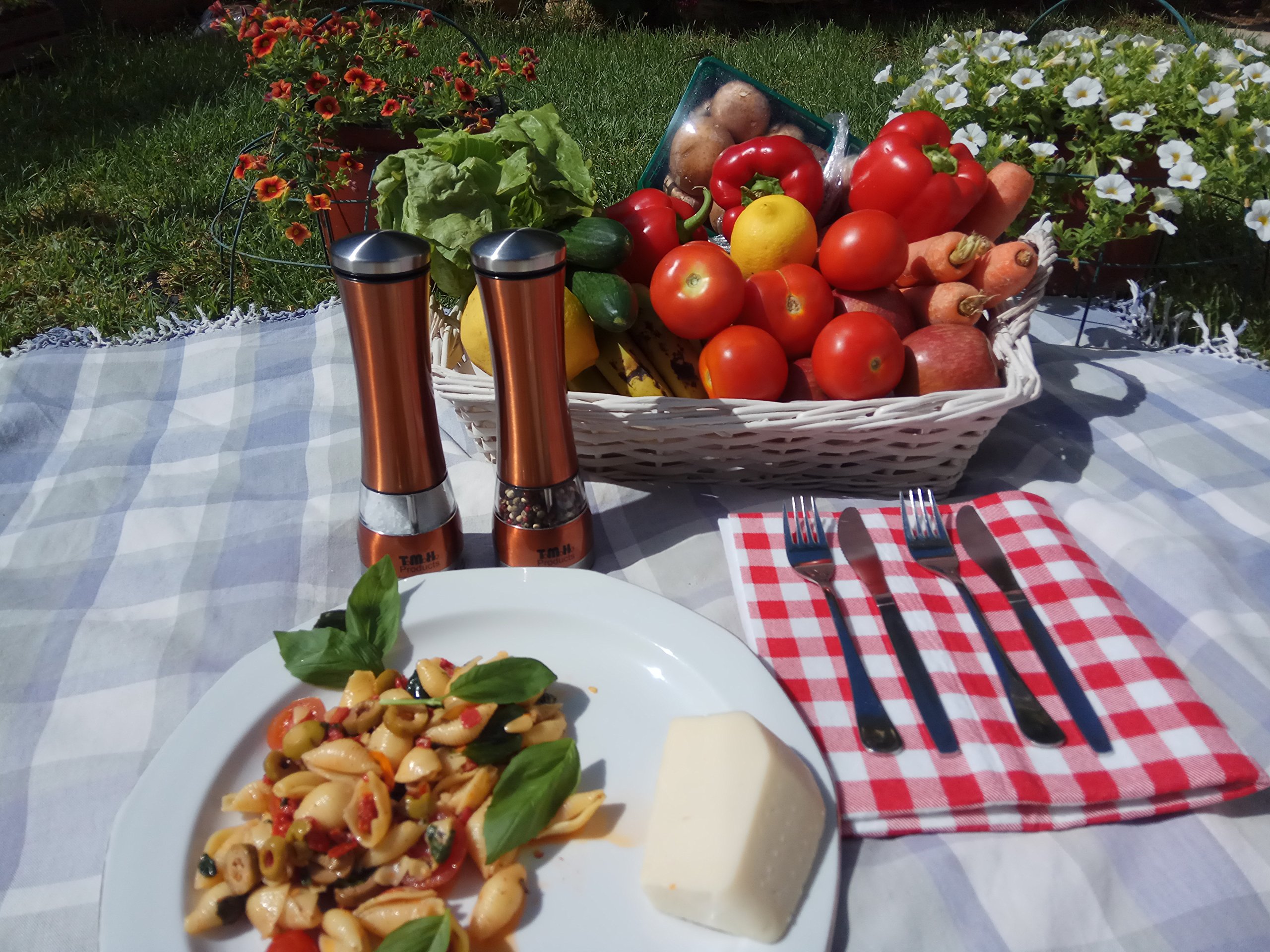 Electric Salt & Pepper Grinder Set by T.M.H. Products | Adjustable Grinder Mills, Simple to Use with Strong & Durable Mechanism | Polished Stainless-Steel | Brushed Copper Color and Built-In LED Light