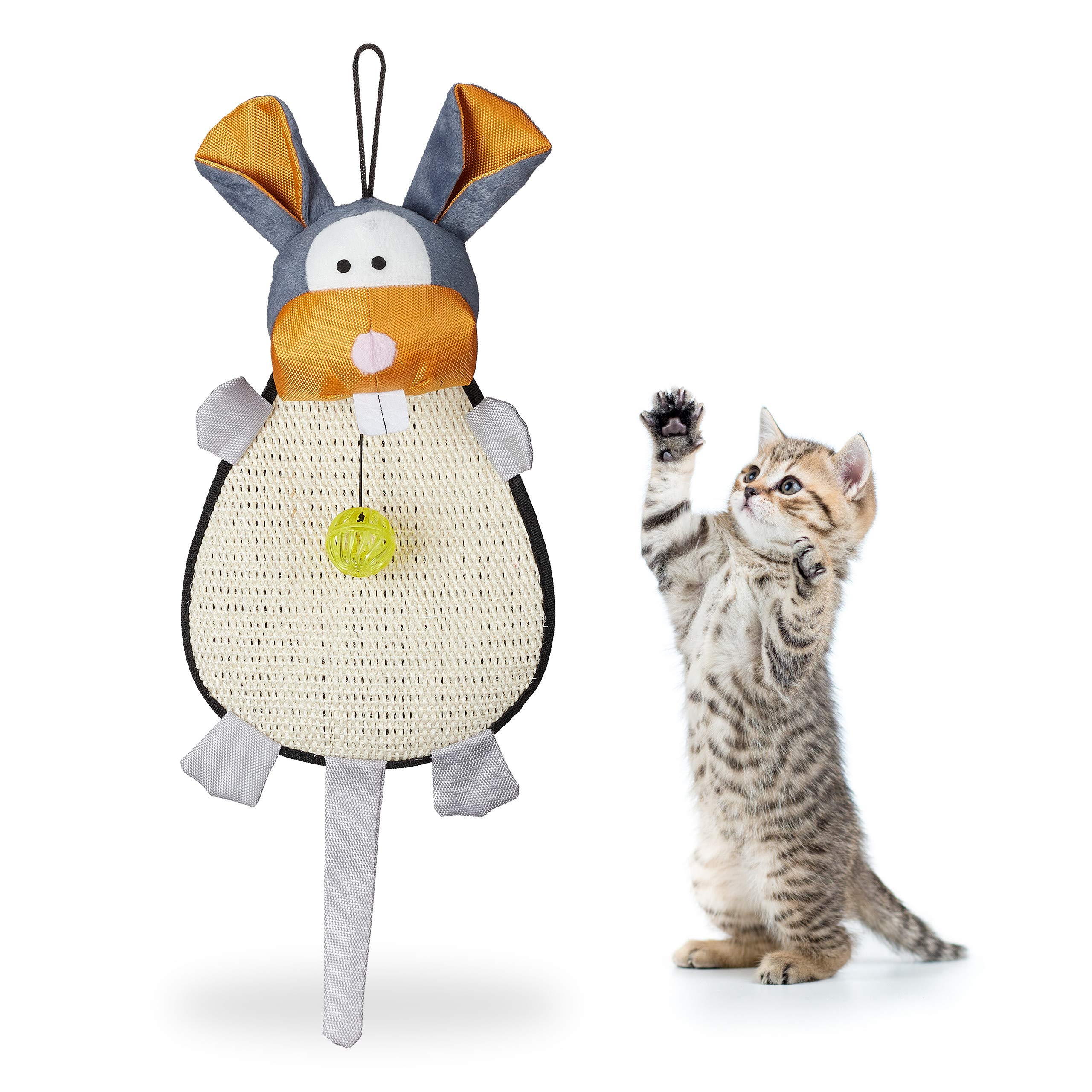 Relaxdays Cat Scratch Mat, Kitty Carpet With Toy, Ball With Bell, For the Wall, Hemp, HWD 55x22x10 cm, Colourful