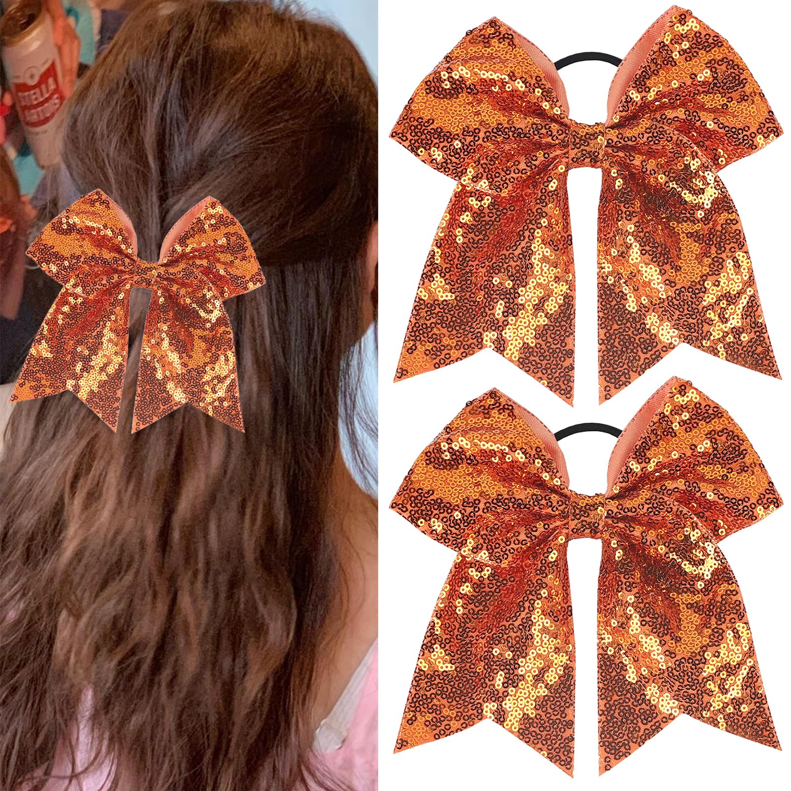Photo 1 of 2Pcs Orange Glitter Bow Elastic Hair Tie Autumn Hair Bows Bands Thanksgiving Bow Hair Ties Orange Hair Ropes Cheer Bows Hair Ponytail Holder Girl Hair Accessories for School College Teens Senior (02)