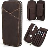 CataPurus Top Grain Genuine Leather 4 Fountain Pen/Pencil Case Pouch, Handmade Minimalist Design, Zipper Closure with Multi-Function &amp; Slots, Gift Choice for Man/Woman/Office, Matte Coffee, 4 Slots