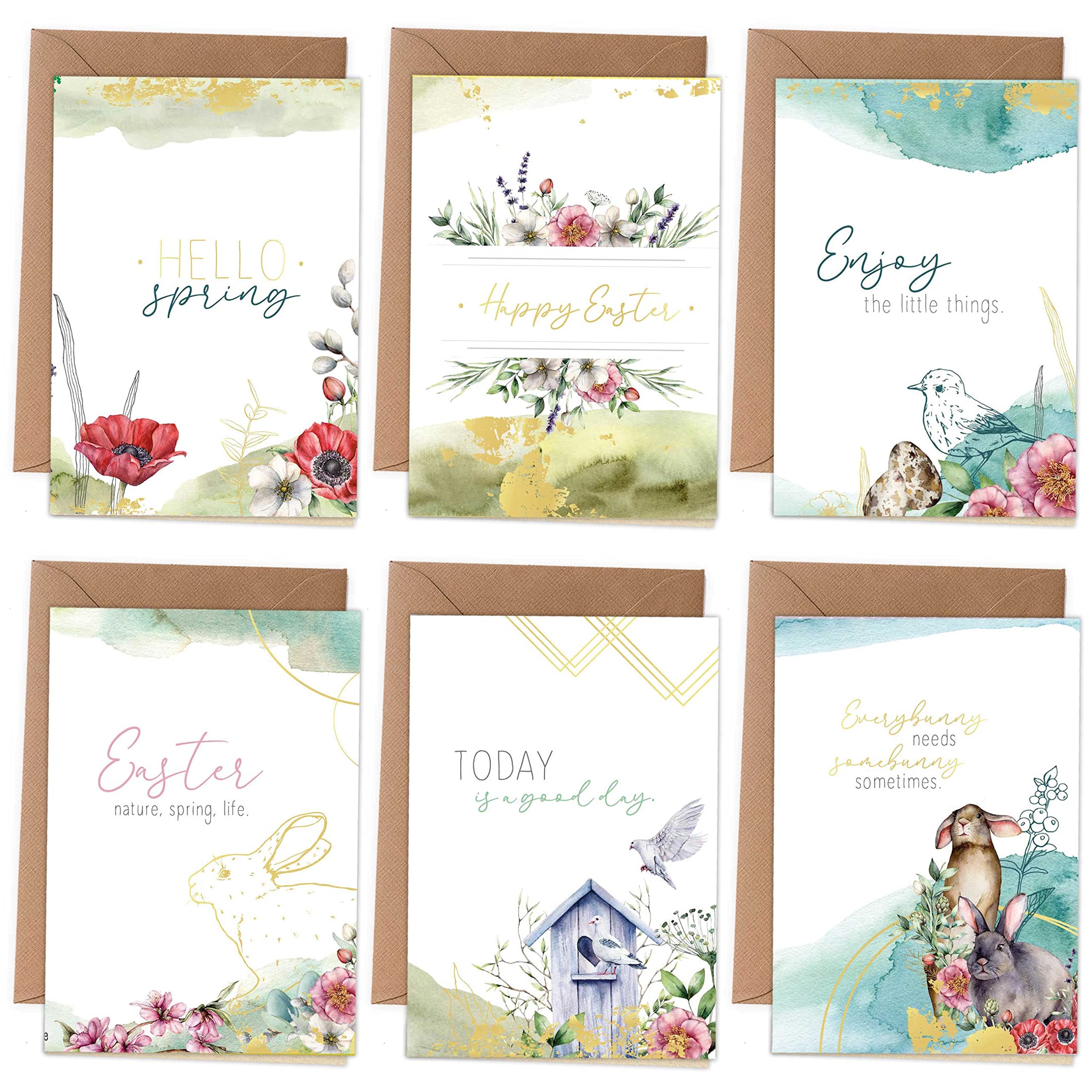 Papierdrachen Folding Cards for Easter, 6 Spring Easter Cards Including Envelope for Easter Time, Greetings to the Family, Stylish Design, Watercolour with Gold Foiling, Set of 4