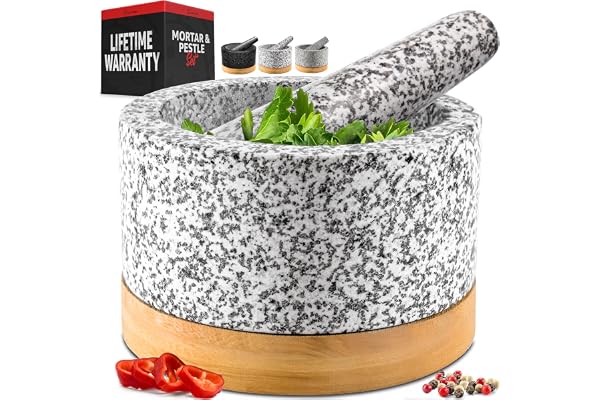 Heavy Duty Mortar and Pestle Set with Bamboo Base, Large 2 Cups, 100% Natural Granite Mortar and Pestle Small Stone Grinder B