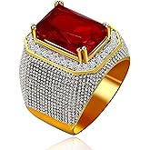 Uloveido Men's Gold Plated Emerald Cut Simulated Onyx Ring Wedding Band Super Big CZ Hip Hop Rings RA408