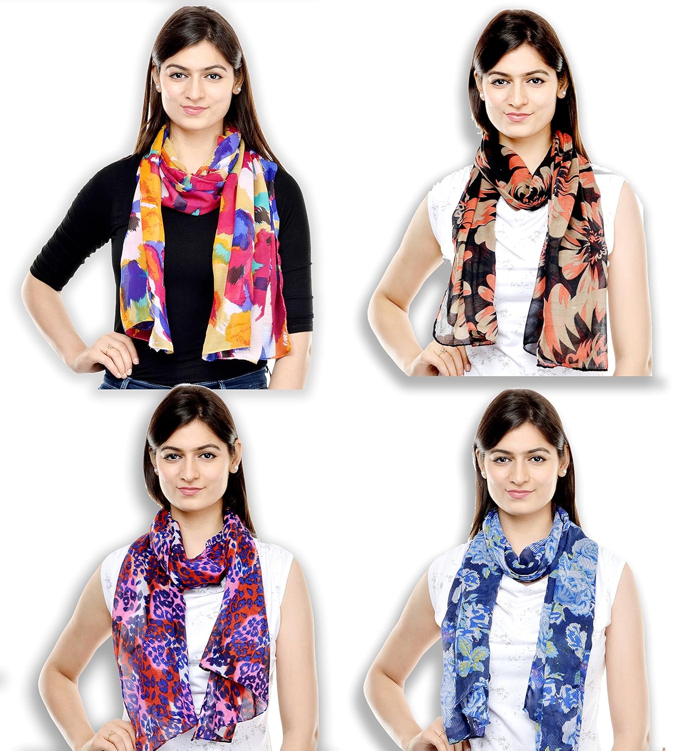 weavers villa women's cotton blend stoles, scarf - pack of 4 scarves