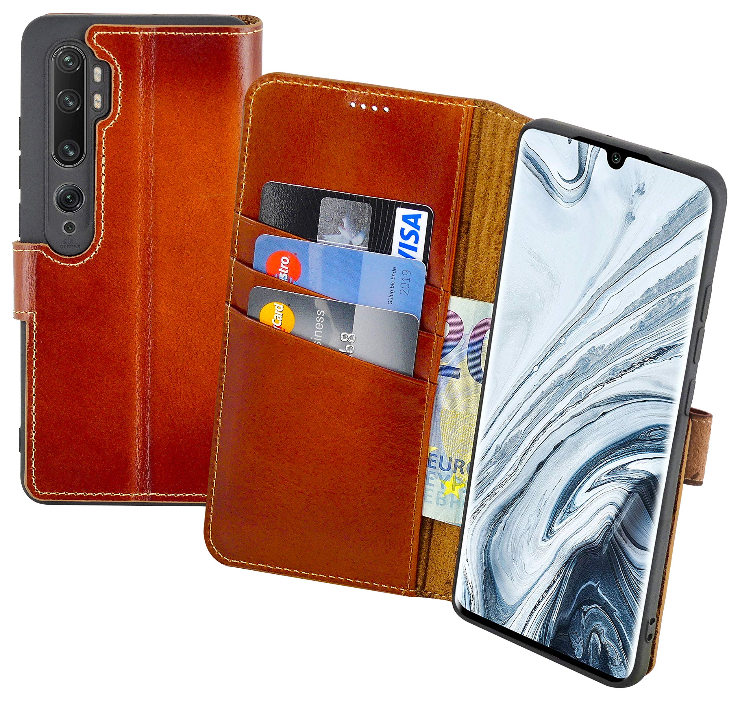 Suncase Book-style case compatible with Xiaomi Mi Note 10 leather case (slim fit) leather mobile phone case protective case with 3 card slots in burned cognac.