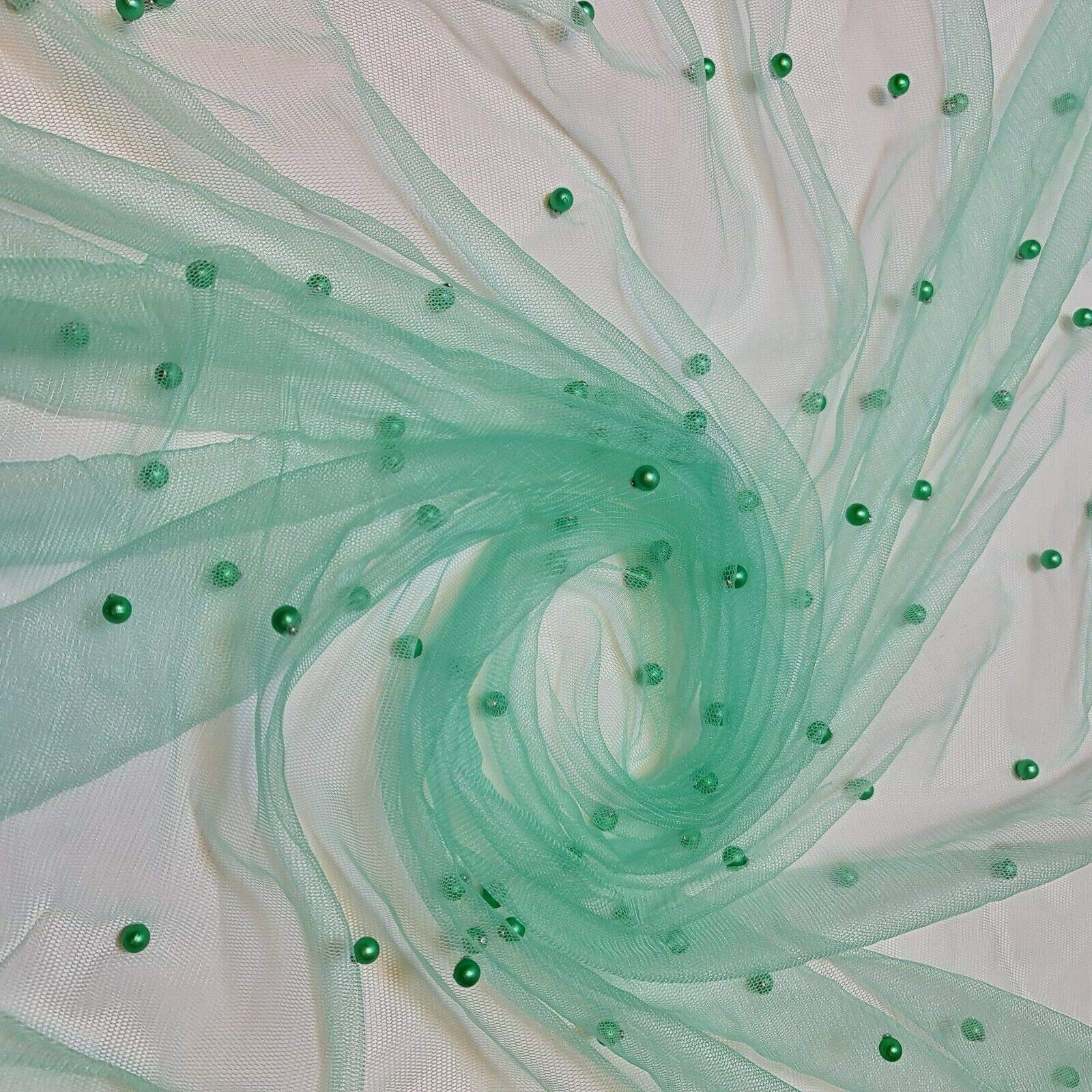 Textile Station 58" Wide Tulle Beaded Pearl Lace Net Fabric Bridal Veil Wedding Backdrop Décor Available in 25 Colours (Mint Green, 1 Meter)