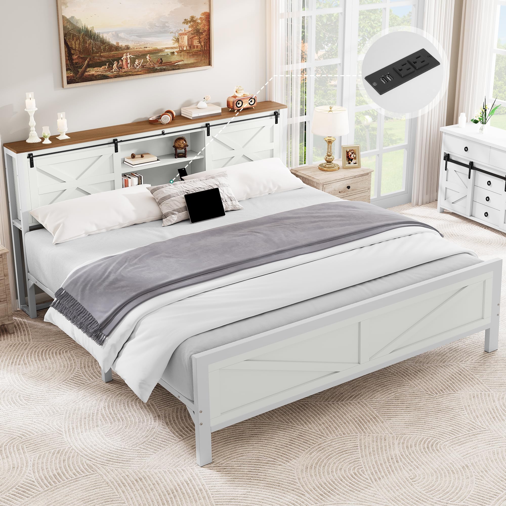 Photo 1 of YITAHOME Farmhouse King Size Bed Frame with Headboard, Bookcase Storage Shelves, Sliding Barn Door, Charging Station, Rustic Wood Platform Bed, No Box Spring Needed, White