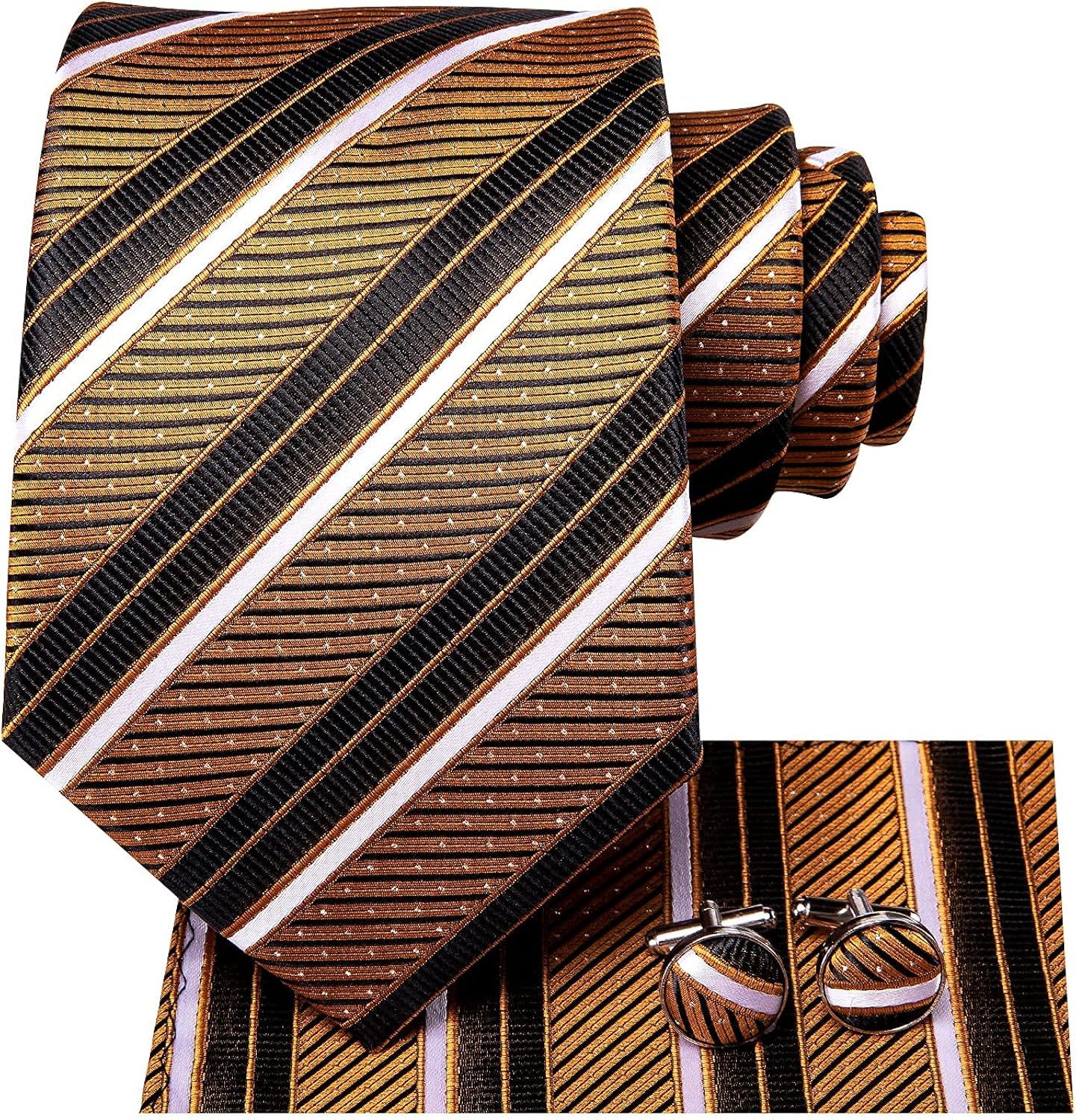 Hi-Tie Mens Gold and Black Ties Striped Woven Silk Classic Necktie with Pocket Square and Cufflinks Set Wedding Busienss: Clothing