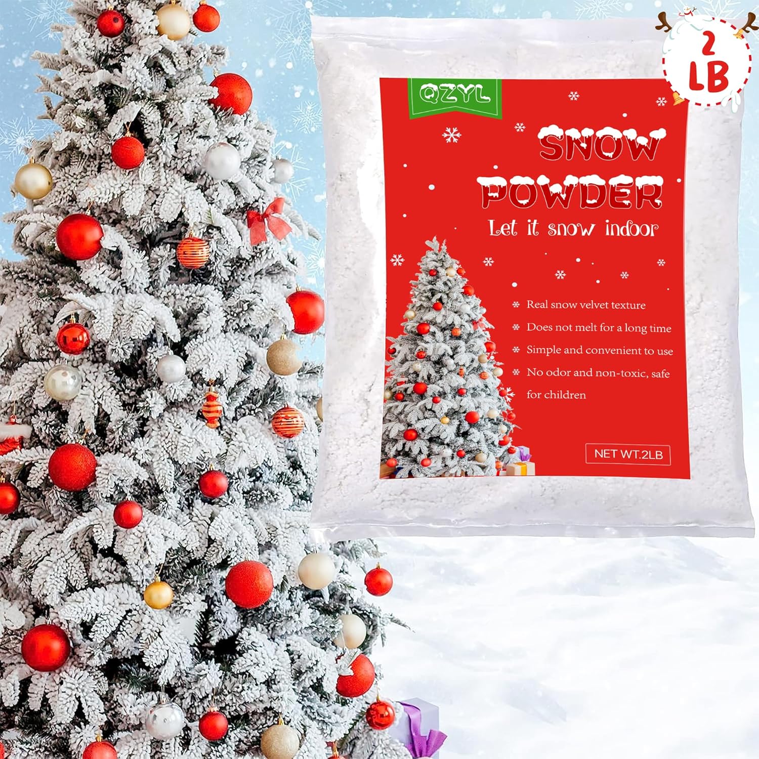 Artificial Snow - Snow Flocking Powder, 2 lbs Self-Adhesive Snow Flock for Christmas Tree, White Snow Bond Flock for Artificial Tree Wreath Garland Crafts and Village Display, Fake Snow Decoration for Winter Holiday