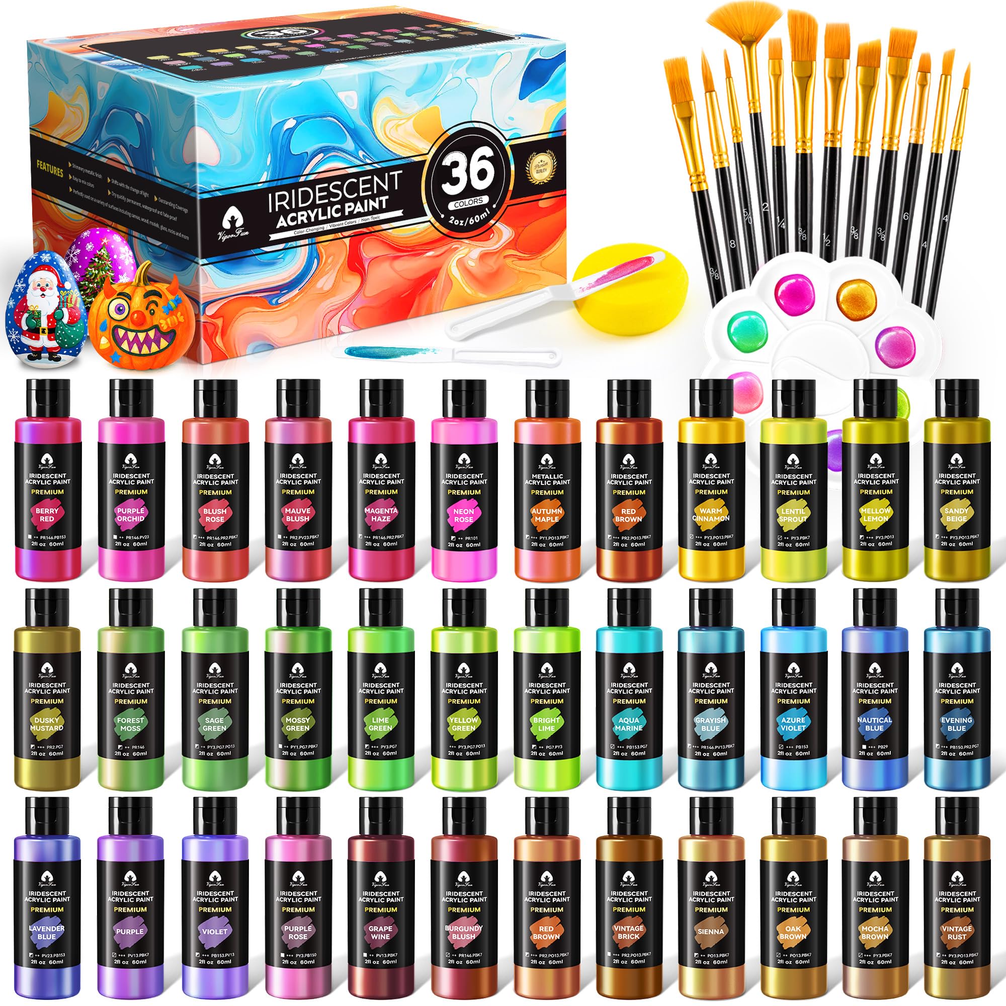 Photo 1 of VigorFun 52 Pcs Iridescent Acrylic Paint Set with 12 Brushes, 2 Knives & Palette, 36 Colors (2oz/60ml) - for Adults, Kids, Artists & Beginners - Canvas Ceramic Rock Wood Egg Painting Kit
